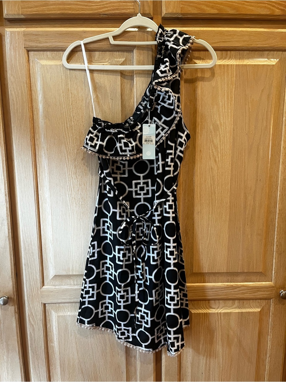 Mud Pie Black & White One-Shoulder Geometric Ruffle Dress